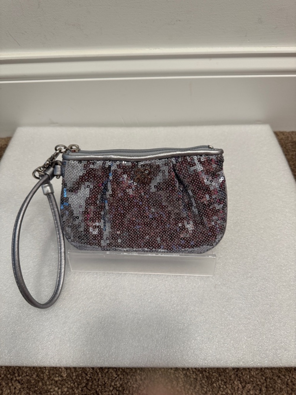 Coach Silver Sequin Wristlet Clutch with Pink/Silver Accents